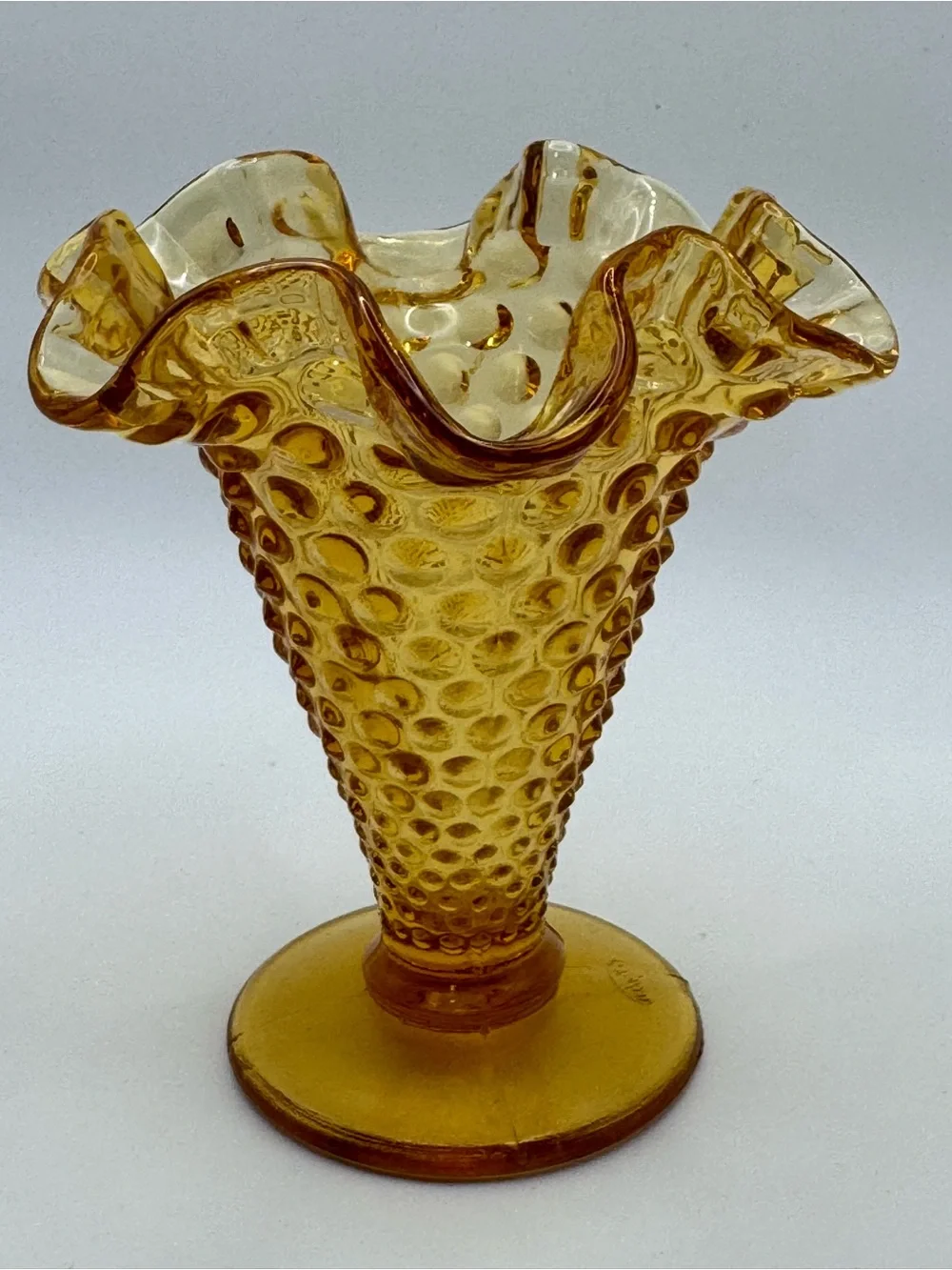 Vintage Fenton Amber Hobnail Mini Ruffled Vase Crimped Rim USA